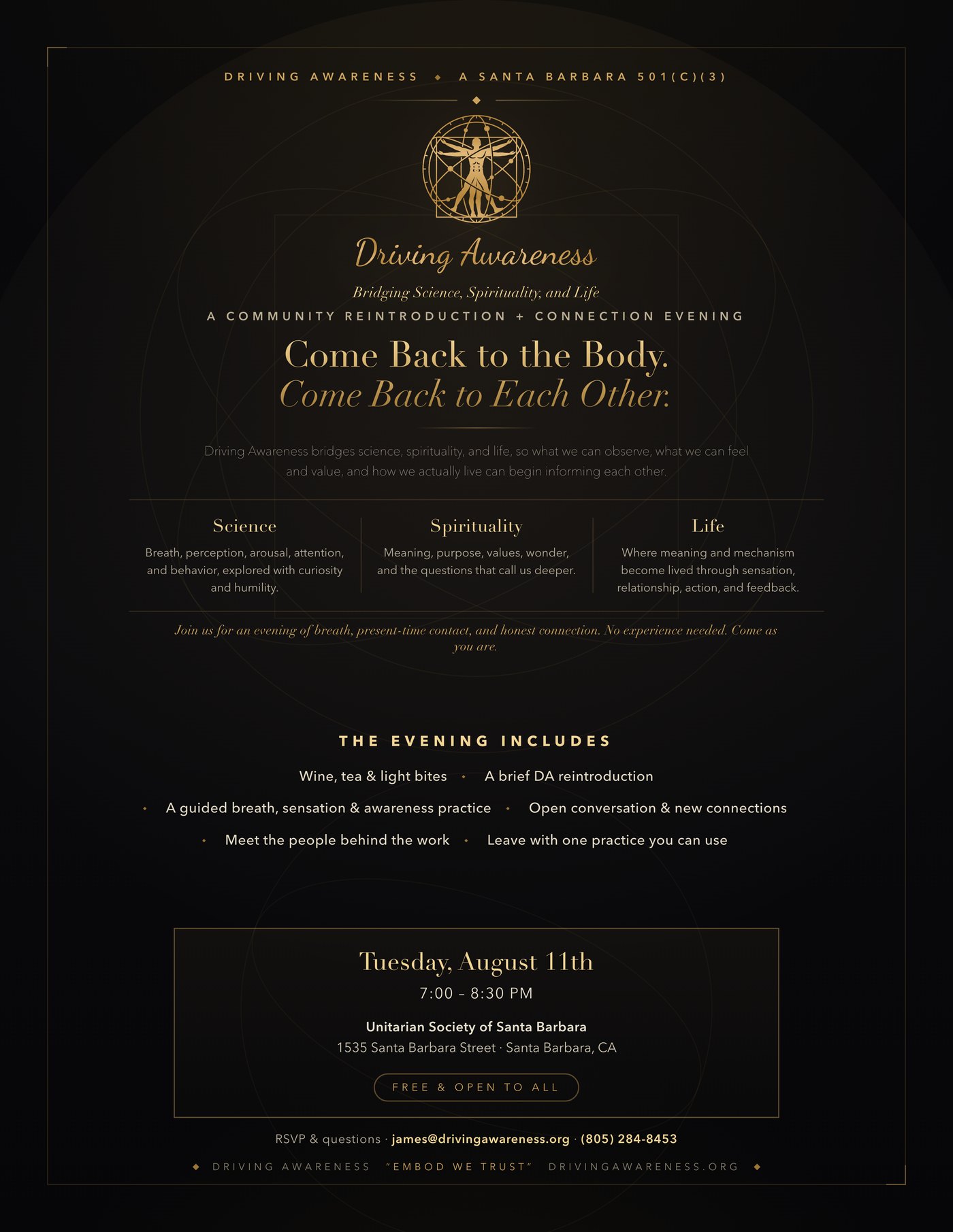 Come Back to the Body. Come Back to Each Other. A Community Reintroduction and Connection Evening. Tuesday, August 11th, 7:00-8:30 PM, Unitarian Society of Santa Barbara, 1535 Santa Barbara Street, Santa Barbara, CA. Free and open to all.